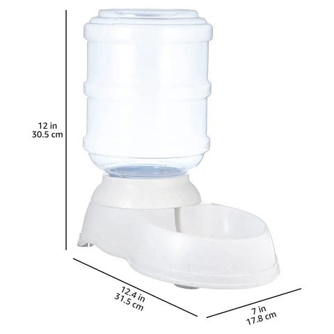 Product dimensions chart for automatic pet waterer showing height of 12 inches and width of 12.4 inches.