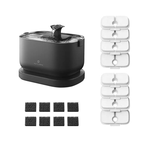 Complete product bundle including the automatic water fountain, filters, and foam sponges
