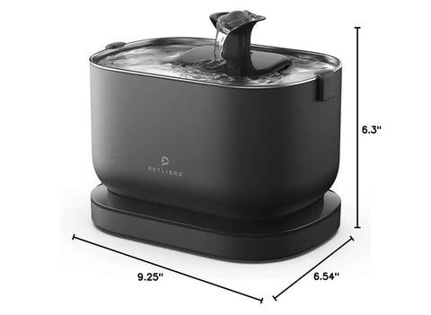 Product dimensions chart showing length, width, and height of the pet fountain
