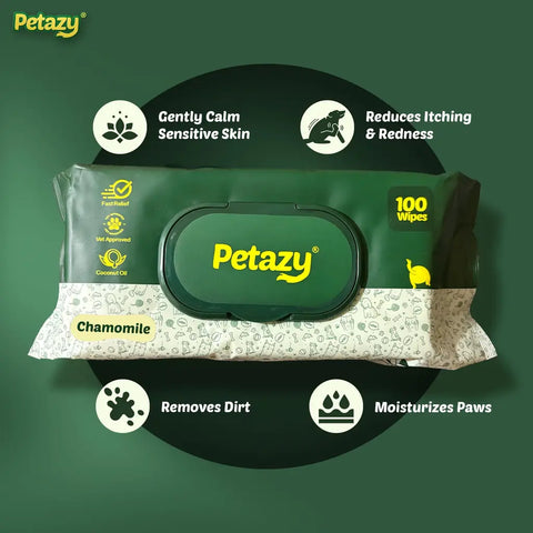 Petazy chamomile 100 wipes package detailing benefits: gently calms sensitive skin, reduces itching and redness, removes dirt, and moisturizes paws.