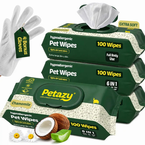 Multi-pack bundle of Petazy chamomile 6-in-1 hypoallergenic puppy wipes for paws, face, and full body grooming with bonus gloves.