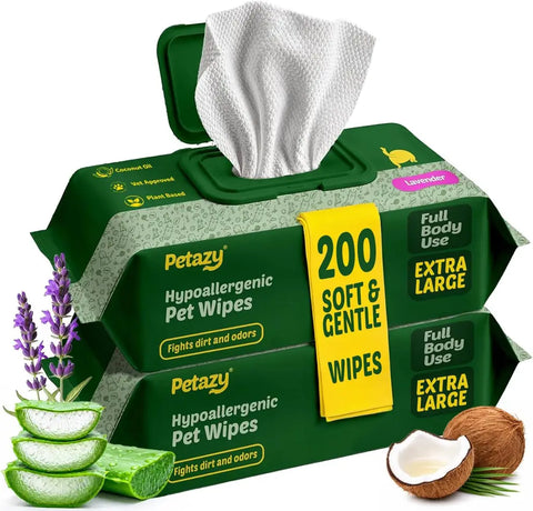 Two stacked packages of Petazy lavender scented extra-large hypoallergenic pet wipes, offering 200 soft and gentle full body grooming wipes.