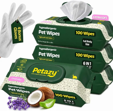 Four packs of Petazy lavender hypoallergenic pet wipes 100-count each featuring 4 bonus textured grooming gloves.