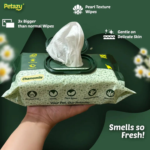 Hand holding a pack of Petazy pearl texture alcohol-free plant-based pet wipes showing a large fresh wipe being pulled out.