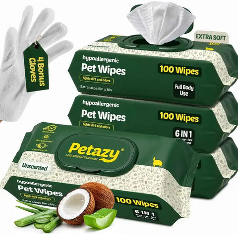Multi-pack bundle of Petazy unscented 6-in-1 hypoallergenic puppy wipes for paws, face, ears, and fur, featuring 4 bonus textured grooming gloves.
