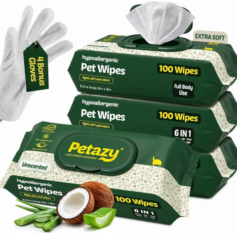 Multi-pack bundle of Petazy unscented 6-in-1 hypoallergenic puppy wipes for paws, face, ears, and fur, featuring 4 bonus textured grooming gloves.