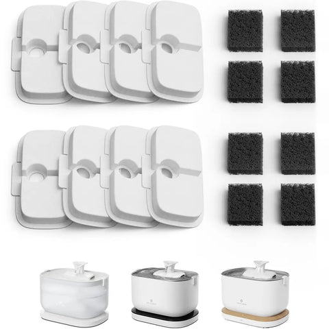PETLIBRO Dockstream water fountain with 8-pack replacement carbon filters and foam pre-filters.