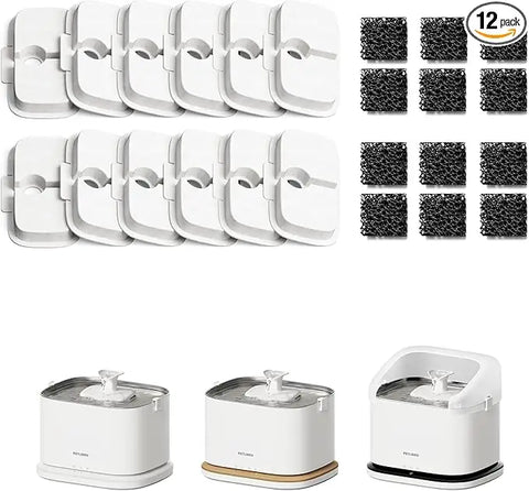 PETLIBRO Dockstream replacement filter 12-pack bundle including white carbon filters and black foam pre-filters shown with compatible water fountain models.