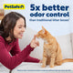 Woman playing with orange cat highlighting 5x better odor control than traditional clay litter.