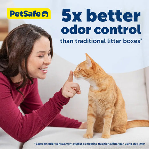 Woman playing with orange cat highlighting 5x better odor control than traditional clay litter.