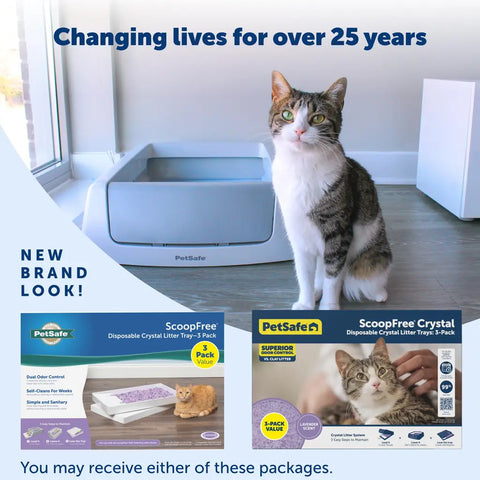 Side-by-side comparison of old and new PetSafe ScoopFree Crystal Litter Tray packaging.