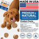 Back label product facts for Petsology dog chews showing 1 billion CFU probiotics, pumpkin powder, and papaya dosage alongside GMP certified and FDA registered facility stamps.