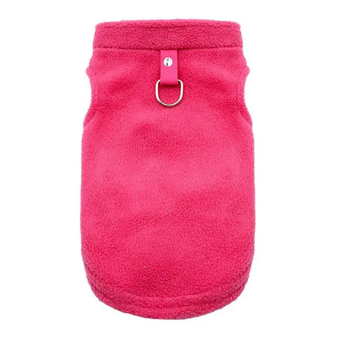 Pink fleece dog sweater on a white background