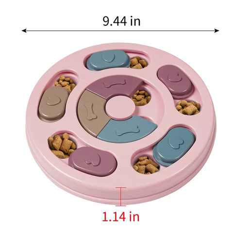 Pink version of the circular dog puzzle feeder showing 1.14 inch height and sliding heart-shaped covers.