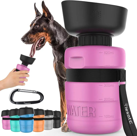 Pink Lesotc portable dog water bottle with built-in bowl, strap, and carabiner clip
