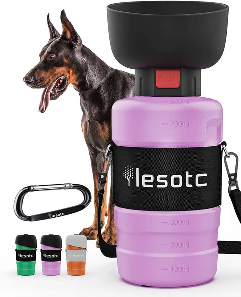 Pastel pink Lesotc travel dog water dispenser bottle with carabiner clip and measurement marks