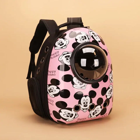 Pink pet backpack with cartoon character design on a beige background