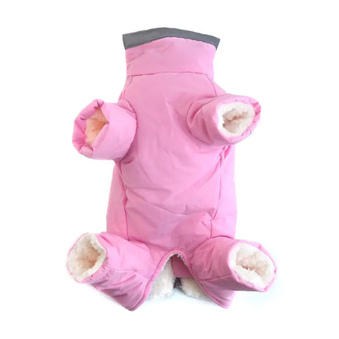 Pink pet coat with gray trim and white fur lining on white background.