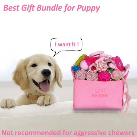 Beiker pink puppy gift bundle for small dogs with teething rings and cotton rope balls