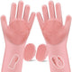 Soft pink silicone grooming glove set with textured scrubbing bristles and matching finger toothbrush for small pets.