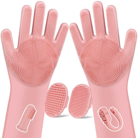 Soft pink silicone grooming glove set with textured scrubbing bristles and matching finger toothbrush for small pets.