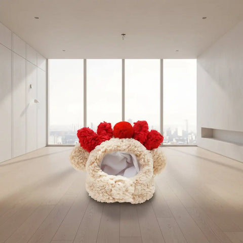 Plush animal headband with red ears and measurements on a white background