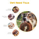 Infographic showing benefits of plush dog toys including healthy teeth, anxiety relief, and furniture protection, featuring a dog chewing a toy.