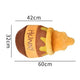 Plush honey container toy with dimensions labeled on white background.