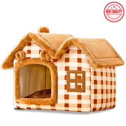 Plush pet house with checkered pattern and 'Best Quality' stamp on white background