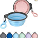 Portable collapsible silicone travel dog bowls 2-pack featuring expanded sky blue bowl and collapsed pink bowl with carabiners