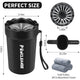 Product dimensions diagram for portable dog paw washer, grooming brush, and absorbent towels kit.