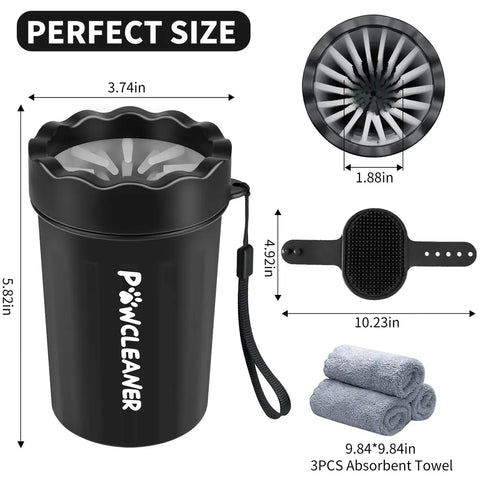 Product dimensions diagram for portable dog paw washer, grooming brush, and absorbent towels kit.