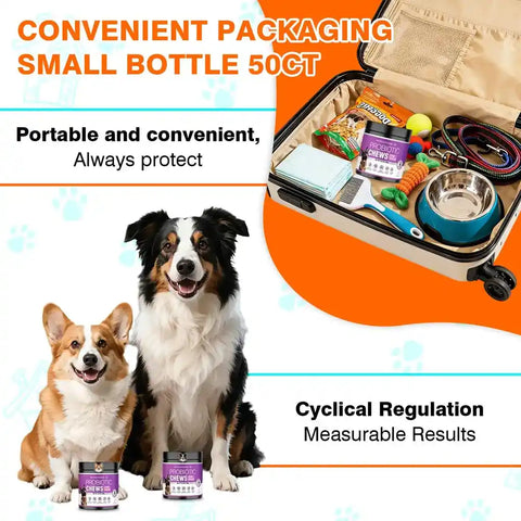 Small 50-count bottle of dog probiotic chews packed inside a travel suitcase alongside pet travel essentials.