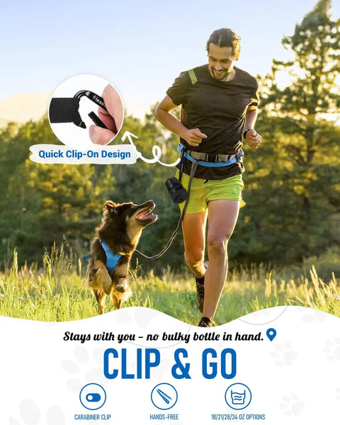 Man running with his dog using a hands-free portable dog water bottle clipped to a belt