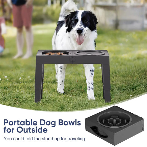 Portable folding elevated dog bowl stand ideal for travel and outdoor use with large dogs

