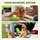 Two-panel image demonstrating PawSono pet wipes used for grooming a Golden Retriever at home on a rug and on the go in a car trunk.