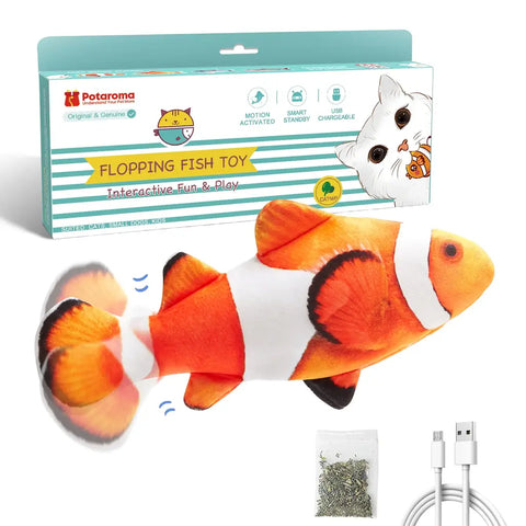 Potaroma orange clownfish flopping cat toy displayed with packaging, catnip pouch, and USB charger cable.