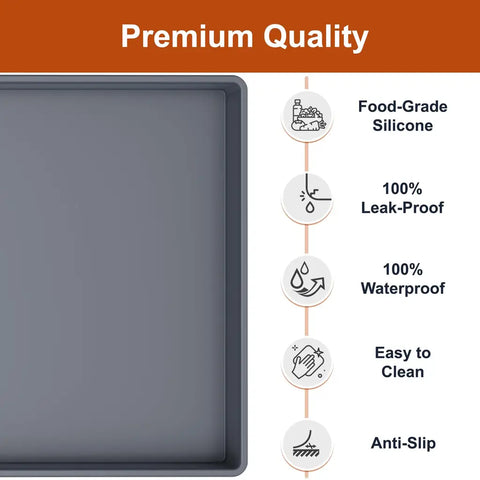 infographic highlighting key features of the silicone mat: food-grade, 100% leak-proof, 100% waterproof, easy to clean, and anti-slip.