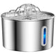 High-angle view of a premium stainless steel automatic pet water fountain with flowing water.