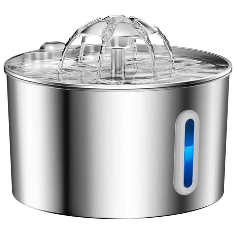 High-angle view of a premium stainless steel automatic pet water fountain with flowing water.