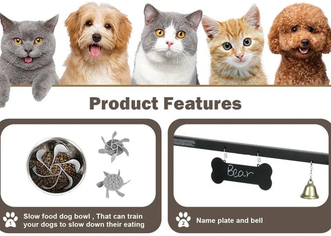 Product features of a pet feeding station with images of dogs and cats
