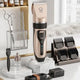 professional cordless dog grooming clipper kit in champagne gold and black on a high-end white marble vanity, including 6 guard combs, grooming scissors, dual-spacing steel comb, power adapter, and cleaning accessories.