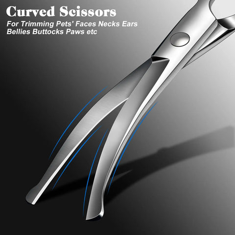 Professional pet grooming scissors with rounded safety tips for trimming fur around eyes, ears, and paws.