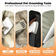 Four professional pet grooming tools showing daily grooming brush, monthly electric clippers, cleaning brush, and crevice tool in action.