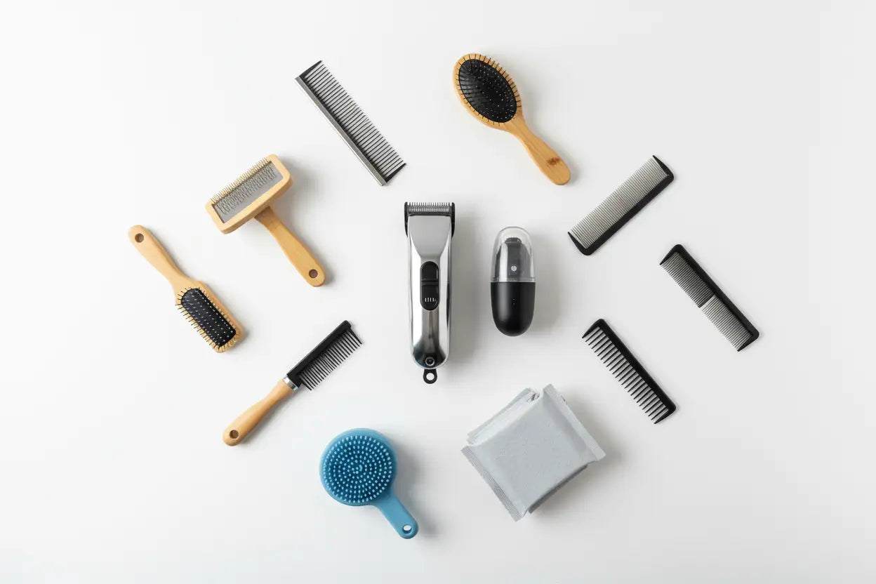 Professional pet grooming tools - clippers, nail grinder, brushes and bathing supplies