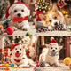 Collage of puppies wearing Santa hats playing with festive red and green holiday dog toys