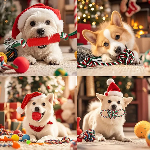 Collage of puppies wearing Santa hats playing with festive red and green holiday dog toys