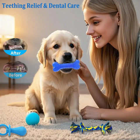 Golden Retriever puppy chewing on a blue rubber bone for dental care and teething relief
