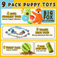 Infographic detailing a 9-pack puppy toy set, featuring 4 squeaky plush toys including a big stuffing-free fox, 3 tough cotton rope toys, 1 green treat ball, and a bonus roll of poop bags.