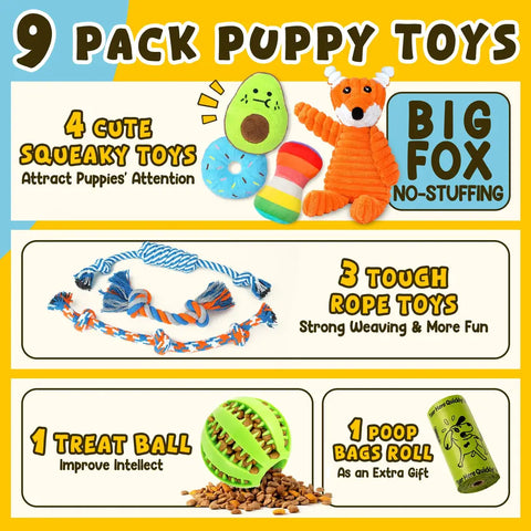 Infographic detailing a 9-pack puppy toy set, featuring 4 squeaky plush toys including a big stuffing-free fox, 3 tough cotton rope toys, 1 green treat ball, and a bonus roll of poop bags.
